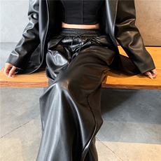 皮裤女2024秋季新款高腰休闲裤软皮PU皮潮酷拖地阔腿裤子，女装休闲裤，梦白服饰厂