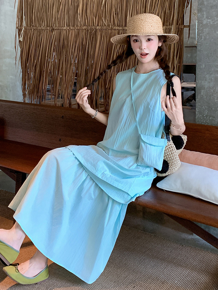 蓝色无袖假两件连衣裙女2025夏季新款韩系宽松休闲显瘦减龄背心裙,女装连衣裙,浙宝305