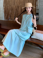 蓝色无袖假两件连衣裙女2025夏季新款韩系宽松休闲显瘦减龄背心裙，女装连衣裙，浙宝305