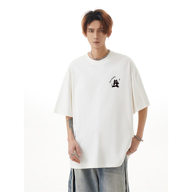港风复古短袖t恤男生夏季薄款2025新款情侣潮牌宽松五分袖上衣服图片
