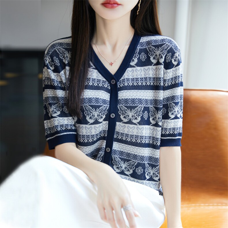 25夏季莱赛尔天丝针织短袖假开衫女V领蝴蝶拼色上衣宽松半袖打底,针织衫/毛衣,大美人高端店
