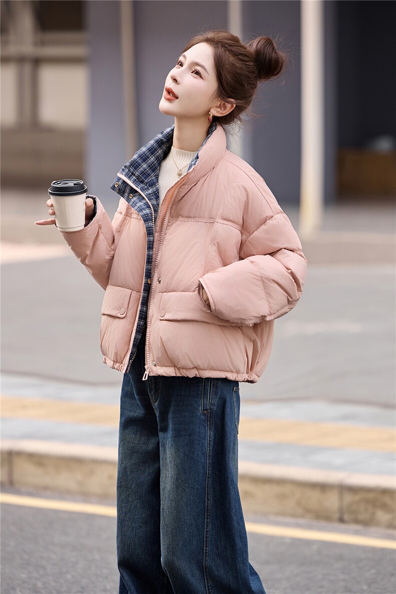 小个子立领拼接格纹保暖显瘦羽绒服,女装羽绒服,衣佳和