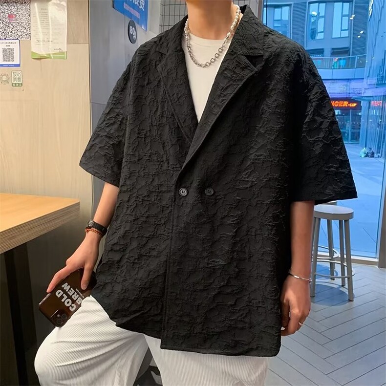 日系五分袖春夏季新款衬衫潮流慵懒男方领宽松型衬衫AM102P43,男装衬衫,星座1116-2