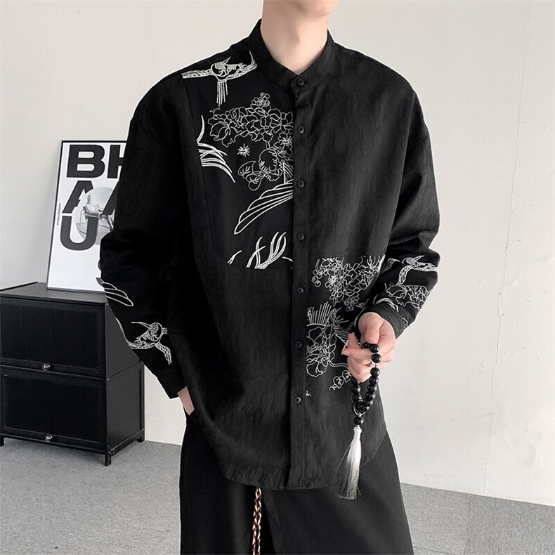 春装新中式立领刺绣衬衫男女加肥加大码宽松拼接宽松衬衣外套,男装衬衫,星座909