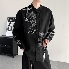 春装新中式立领刺绣衬衫男女加肥加大码宽松拼接宽松衬衣外套，男装衬衫，星座909