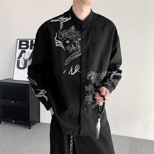 春装新中式立领刺绣衬衫男女加肥加大码宽松拼接宽松衬衣外套图片