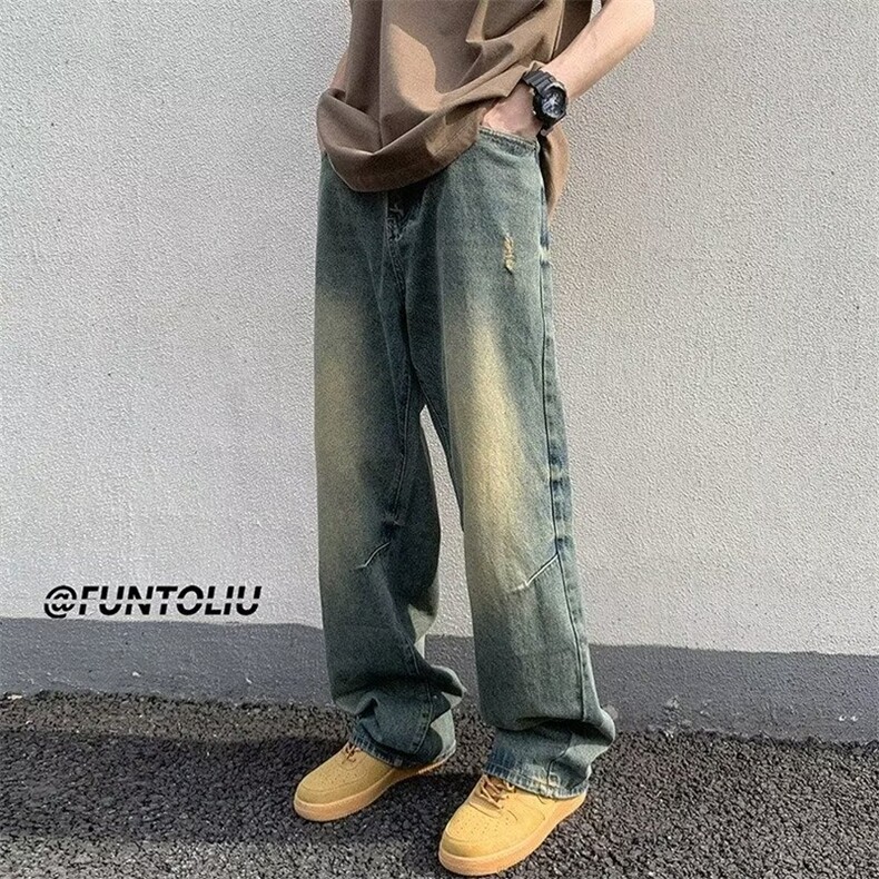胖胖哥美式潮牌破洞牛仔裤男士秋季休闲直筒宽松大码阔腿长裤子,男装牛仔裤,星座308A-1（原309B-1）