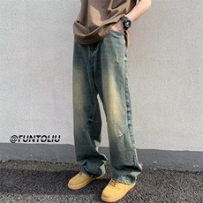 胖胖哥美式潮牌破洞牛仔裤男士秋季休闲直筒宽松大码阔腿长裤子，男装牛仔裤，星座308A-1（原309B-1）
