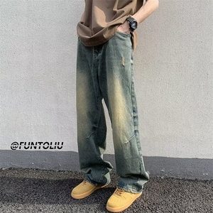 胖胖哥美式潮牌破洞牛仔裤男士秋季休闲直筒宽松大码阔腿长裤子图片