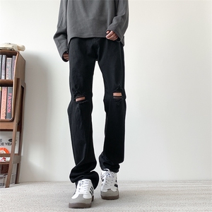 现货纯黑色破洞弹力加大码直筒牛仔裤 310A-2 BK302 P50 控78图片