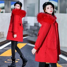 2024棉衣中长款修身加厚通勤拉链连帽纯色气质大毛领时尚结婚潮，女装棉衣/棉服，艾仟回(原伊仟回)