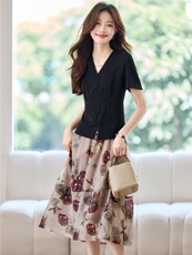 时尚V领上衣印花半身裙套装女2025夏季新款高级感短袖裙子两件套，女装套装/套裙，简韵佳