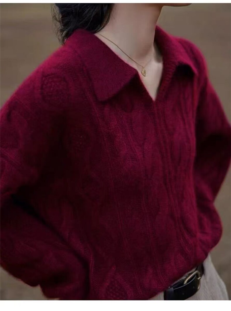 2025年秋季通勤单件七针宽松麻花Polo领时尚百搭通勤简约休闲，女装羊毛衫，百纯羊绒