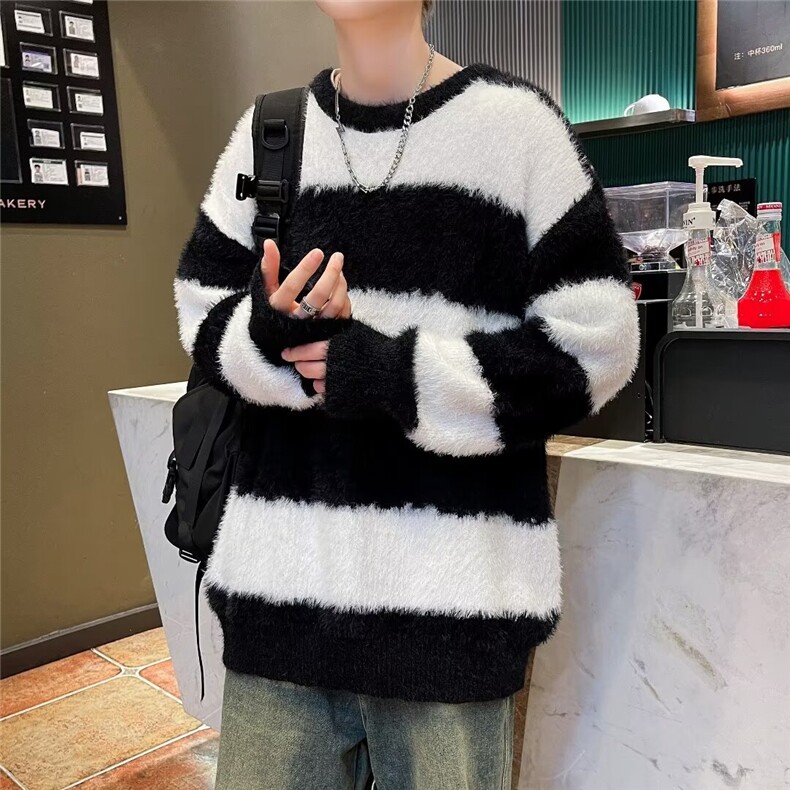 美式复古慵懒风软糯黑白条纹毛衣情侣秋冬套头宽松打底圆领针织衫，男装针织衫/毛衣，星座410-7