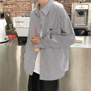 蓝色条纹衬衫男长袖夏季薄款宽松衬衣日系秋季港风外套CS71745图片