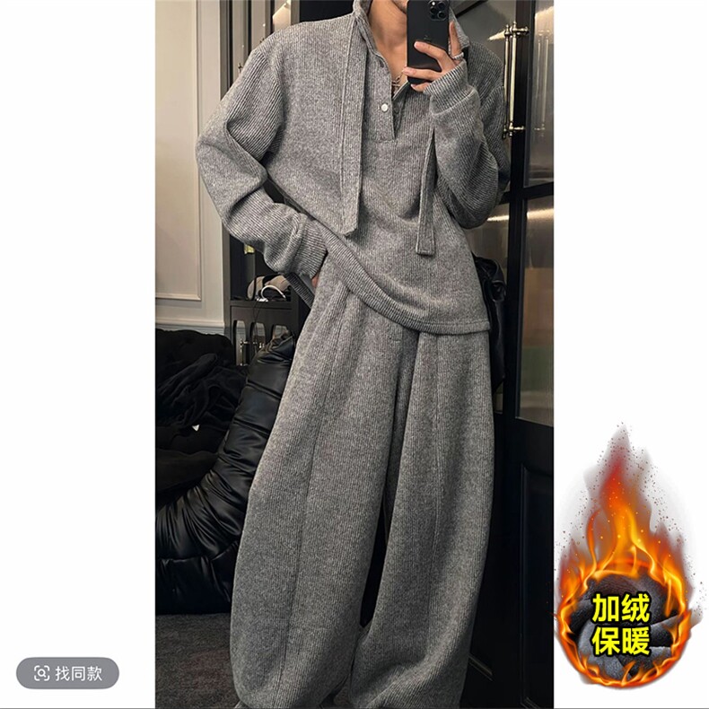 冬季加绒保暖慵懒针织卫衣弯刀裤套装男TZ355上衣81裤子85(网图)，男装T恤，电商B267