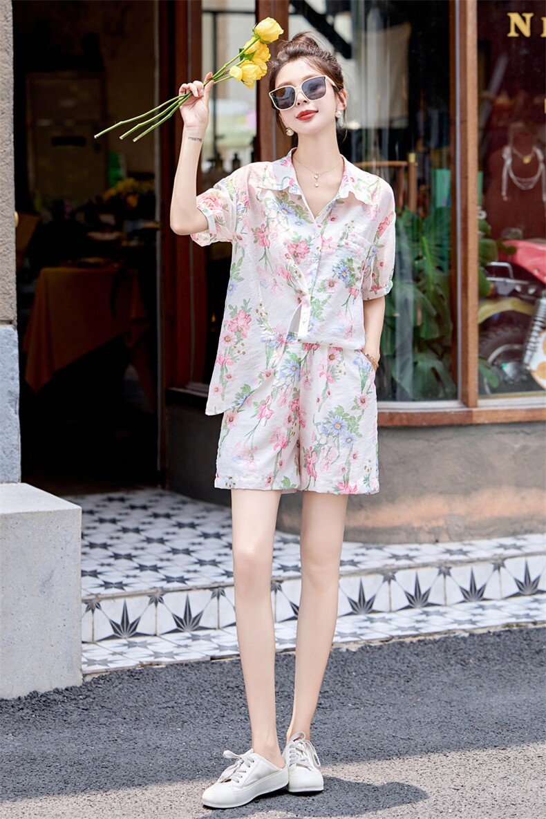 短裤套装女2024夏季新款炸街减龄时尚休闲欧货碎花防晒衬衫两件套,女装套装/套裙,辉煌依升