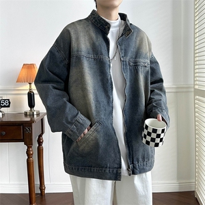 美式复古vibe牛仔外套秋季潮牌宽松水洗做旧上衣痞帅立领夹克男款图片