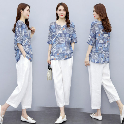 2021夏季新款简约时尚个性气质领口印花上衣松紧腰休闲裤两件套，女装套装/套裙，灵力轩