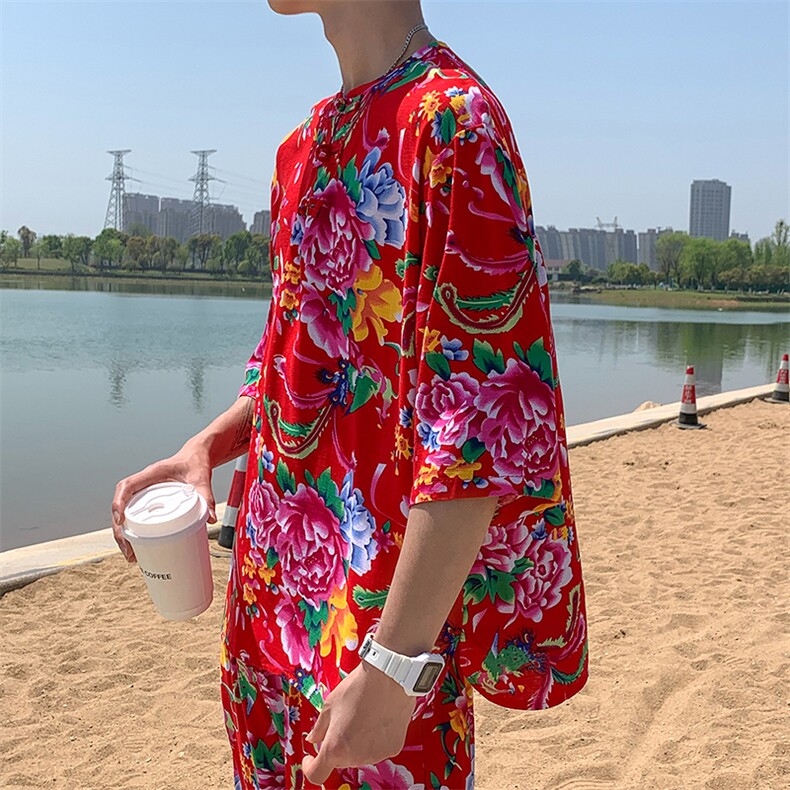 A340男士休闲大花透气凉爽风T恤七分袖春夏新大妈套头衫团队,男装T恤,星座115A(原星座507）