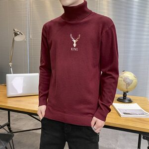 秋冬可翻高领毛衣男鹿头纯色长袖男刺绣毛衫打底针织衫米M255P33图片