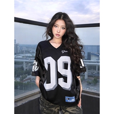 T214-P37夏季时尚网眼短袖透气宽松运动T恤潮牌拼接上衣，女装T恤，电商B323A