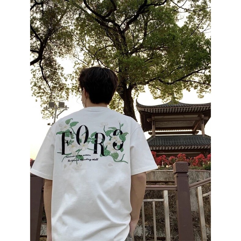 网图有货 美式花卉刺绣短袖T恤男女休闲宽松情侣纯棉上衣A671-P35图片