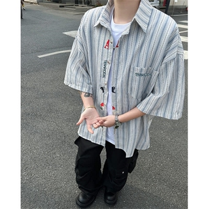 刺绣条纹设计感短袖衬衫男女春韩版衬衣宽松休闲外套CY1085-P39图片