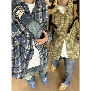 网图有货 美式复古蓝色格纹毛边长袖衬衫男女宽松衬衣 A1336-P30图片