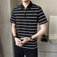 半拉链条纹Polo短袖T恤夏季潮流半袖体恤男士有领上衣PL88559-P68，男装T恤，电商A237