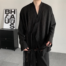 秋装24山本耀司新中式提花长袖设计感加肥加大码系带衬衫，男装衬衫，星座909