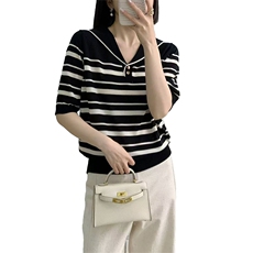 新条纹海军领精纺天丝莱赛尔针织衫女夏季新款百搭气质短袖套头衫，女装T恤，暖姿羊绒