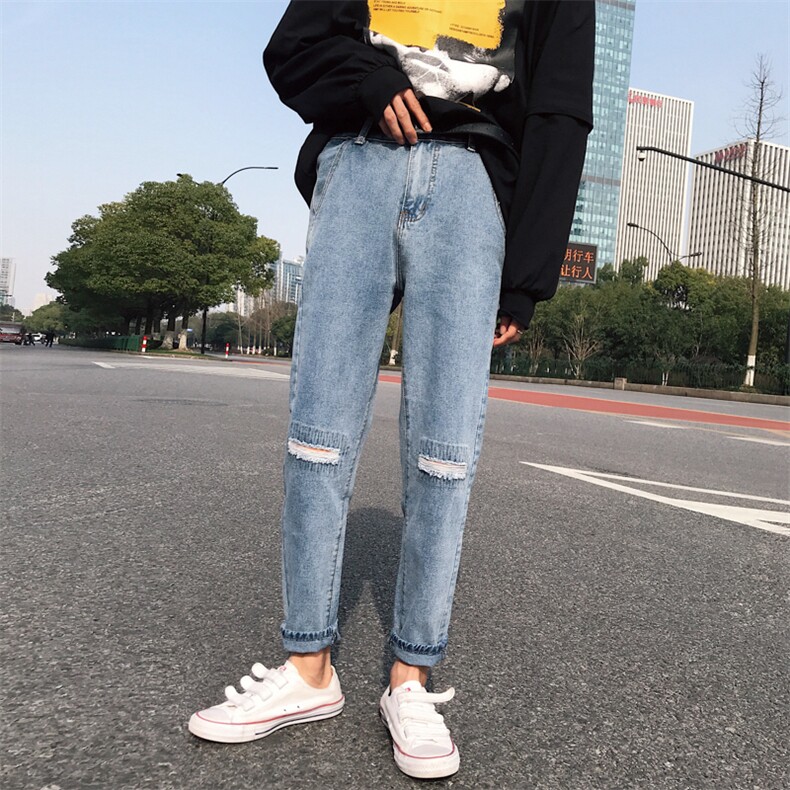 韩版潮流牛仔裤男女 简约小脚百搭老爹裤九分裤港风 N/图片