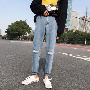 韩版潮流牛仔裤男女 简约小脚百搭老爹裤九分裤港风 N/图片