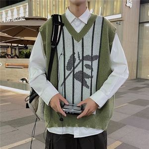 破洞提花针织衫马甲男冬季宽松V领外穿线衣潮流日系痞帅无袖毛衣图片