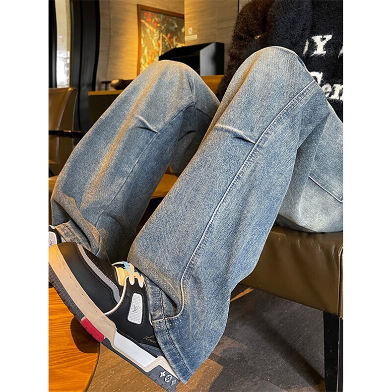 特批P40无差价秋新褶皱水洗工装牛仔裤男宽松大码拖地长裤N9059B,男装牛仔裤,电商A001-1