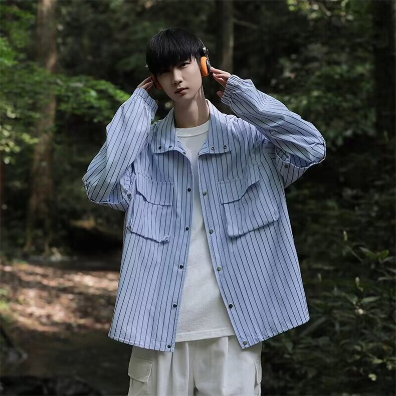 条纹长袖衬衫男可拆卸袖子百搭宽松衬衣痞帅外套潮2080P51，男装衬衫，星座410-2