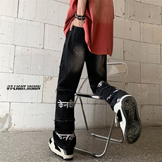 B221美式ins高街暗黑小众毛边印花直筒牛仔裤LK23108-P65控88，男装牛仔裤，电商B221