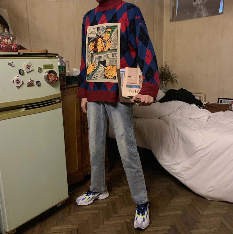 自制高领针织衫潮流菱形格男女情侣ins漫画宽松秋冬毛衣T011-P80,男装针织衫/毛衣,星座1501