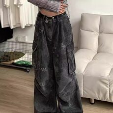 美式复古迷彩蛇纹工装牛仔裤高街辣妹宽松直筒阔腿拖地裤NA1986，男装牛仔裤，星座1116A（原606A-3）
