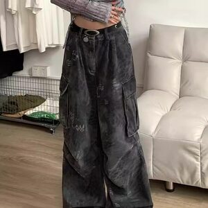 美式复古迷彩蛇纹工装牛仔裤高街辣妹宽松直筒阔腿拖地裤NA1986,男士绿色的运动裤搭配什么上衣好看吗图片