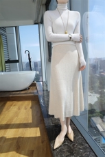羊毛竹节纹针织半身裙女长款过膝松紧腰宽松百搭A字裙，女装半身裙，君贝羊绒