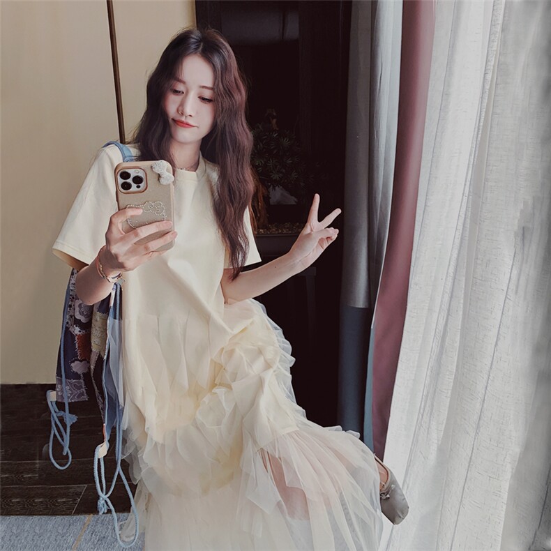 2025夏季新款时尚休闲纯色中长裙设计小众拼接短袖连衣裙女欧洲站图片