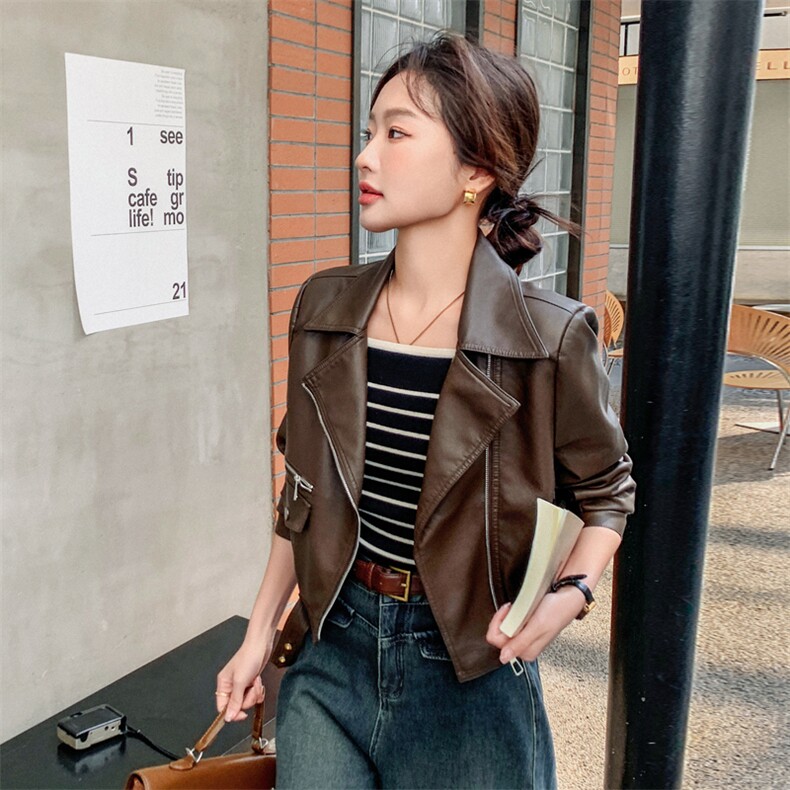 大量现货2024春季女装新款时尚收腰气质短款皮衣外套浙宝013,女装皮衣,莘蕾