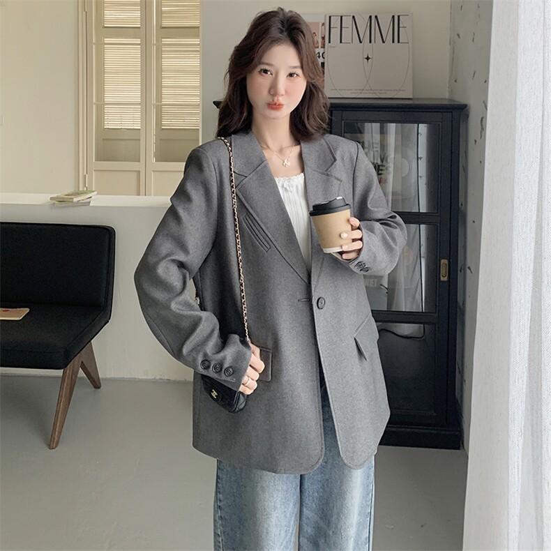 灰色休闲西装外套女2025春季新款韩系高级感宽松显瘦通勤时尚西服,女装西装,秋水欣儿