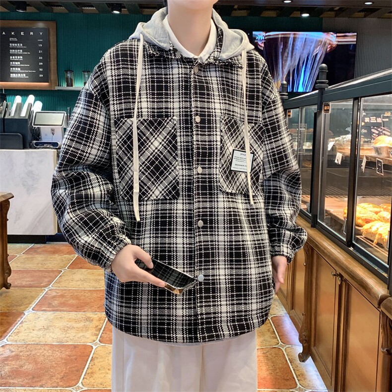 秋季新款男士格子夹克韩版简约外套连帽衬衫上衣服A436-6619-P85,男装夹克,电商A436