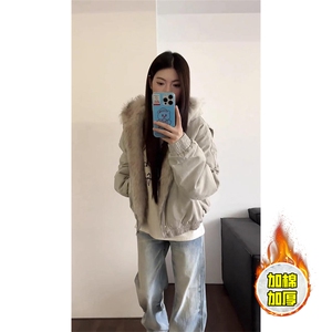 现货高品质美式高街冬季重磅硬挺短款座山雕毛领棉衣男女加厚外套图片