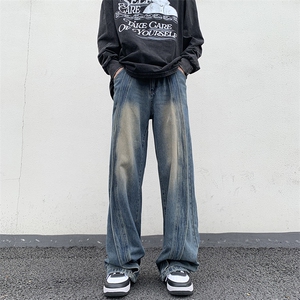 秋冬牛仔裤宽松直筒水洗复古潮流拼接长裤子N08855-P55图片