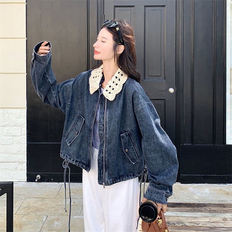 蓝色复古针织翻领拼接牛仔短外套女2025秋新款小个子休闲百搭夹克图片