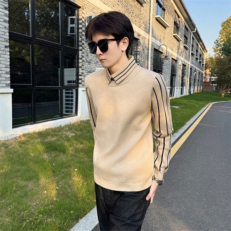 店主风小伙翻领假二件拼接针织长袖毛衣男打底衫301A-1/M60/P75，男装T恤，星座301A-1